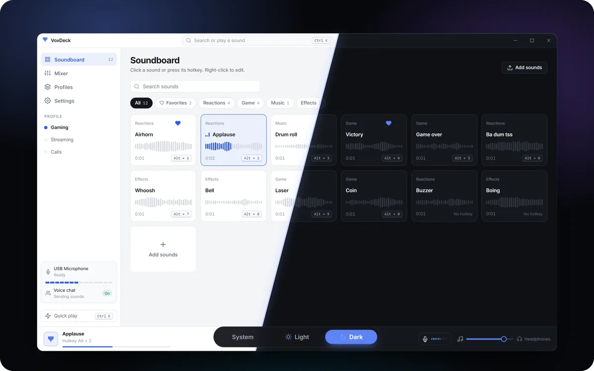 VoxDeck in light and dark themes, split diagonally
